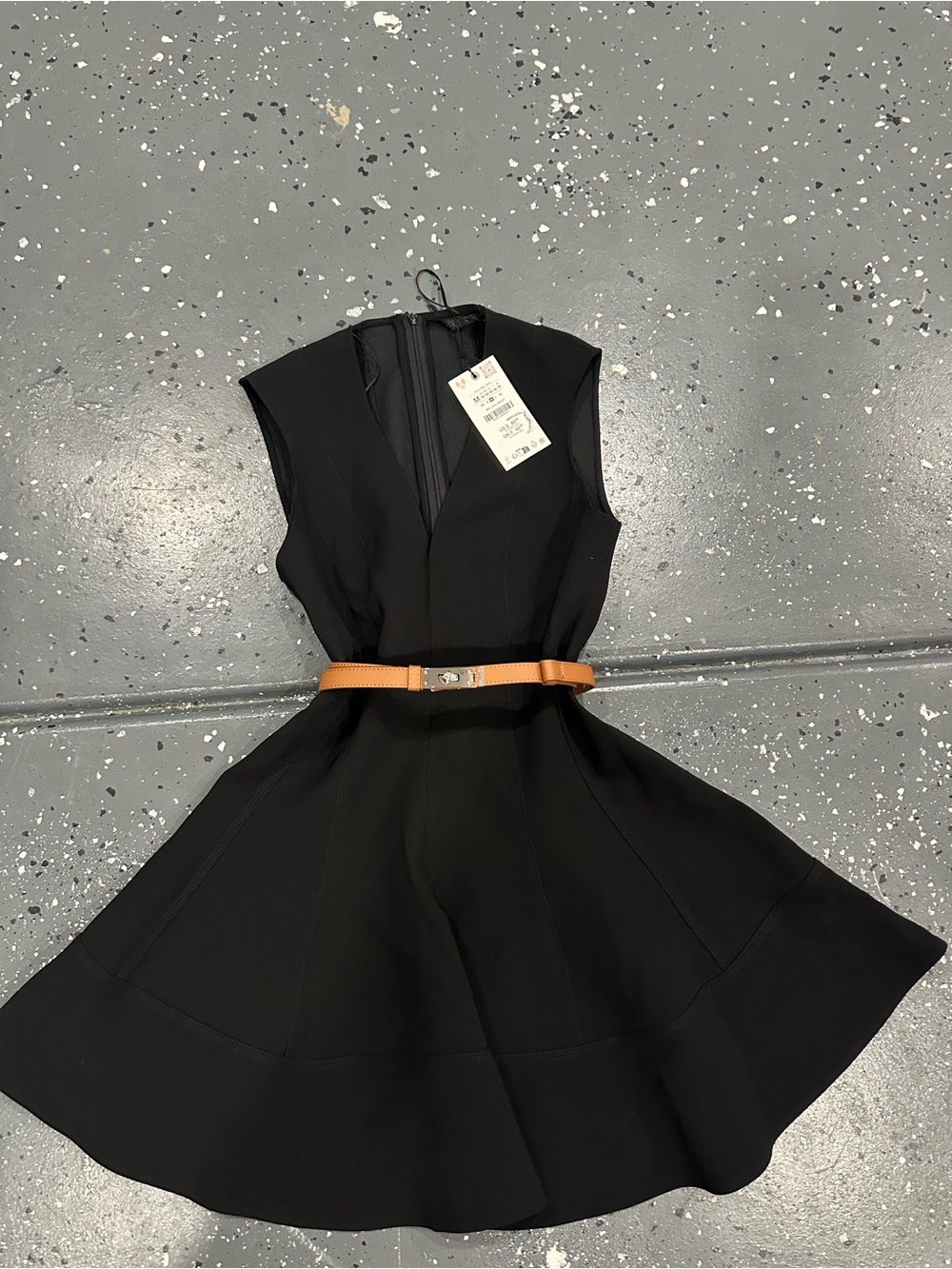 Zara Black Sleeveless Mini Dress with Tan Belt